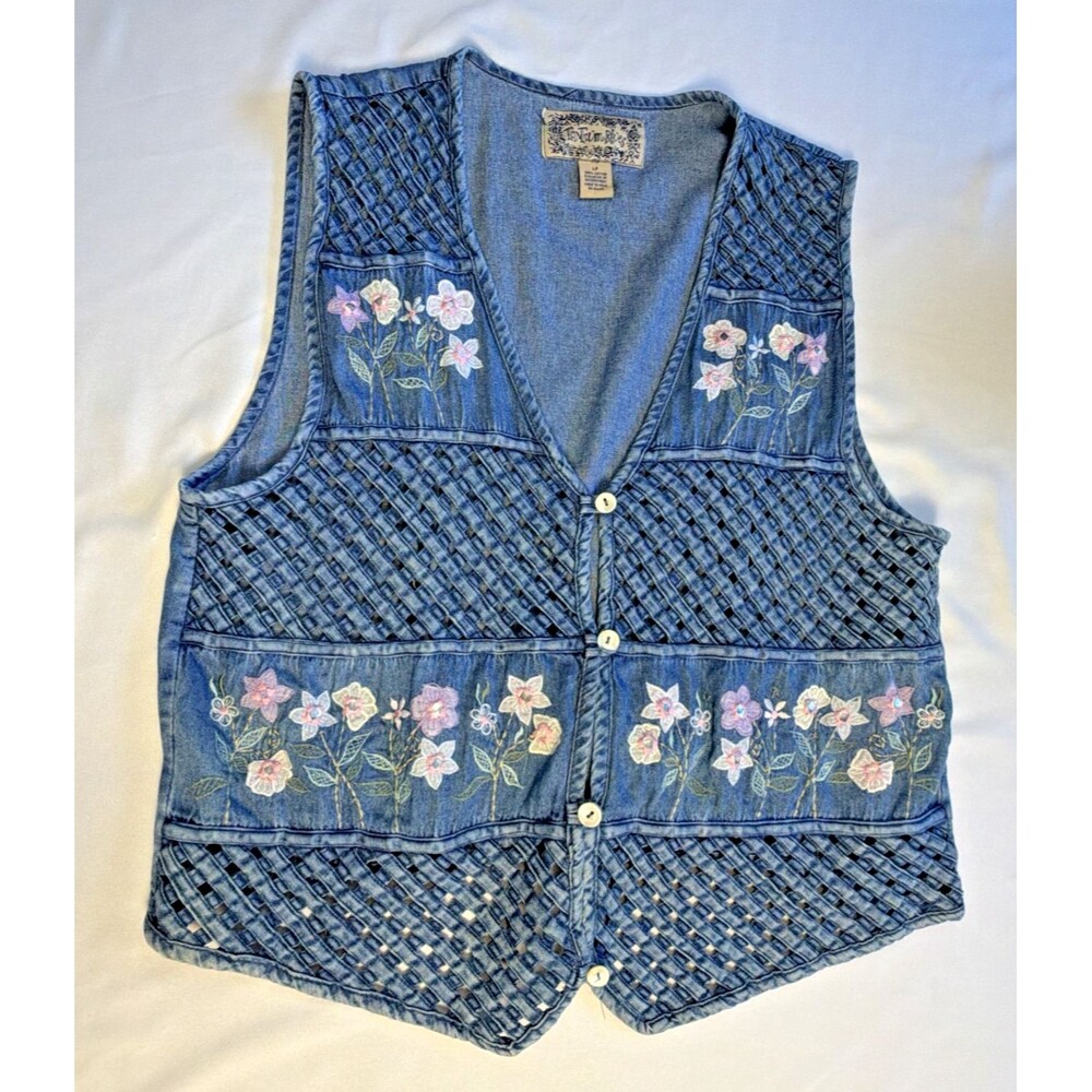 Vtg Tantrum Blues Floral Jean Vest LP Cottagecore Coastal Grandma Boho Lattice
